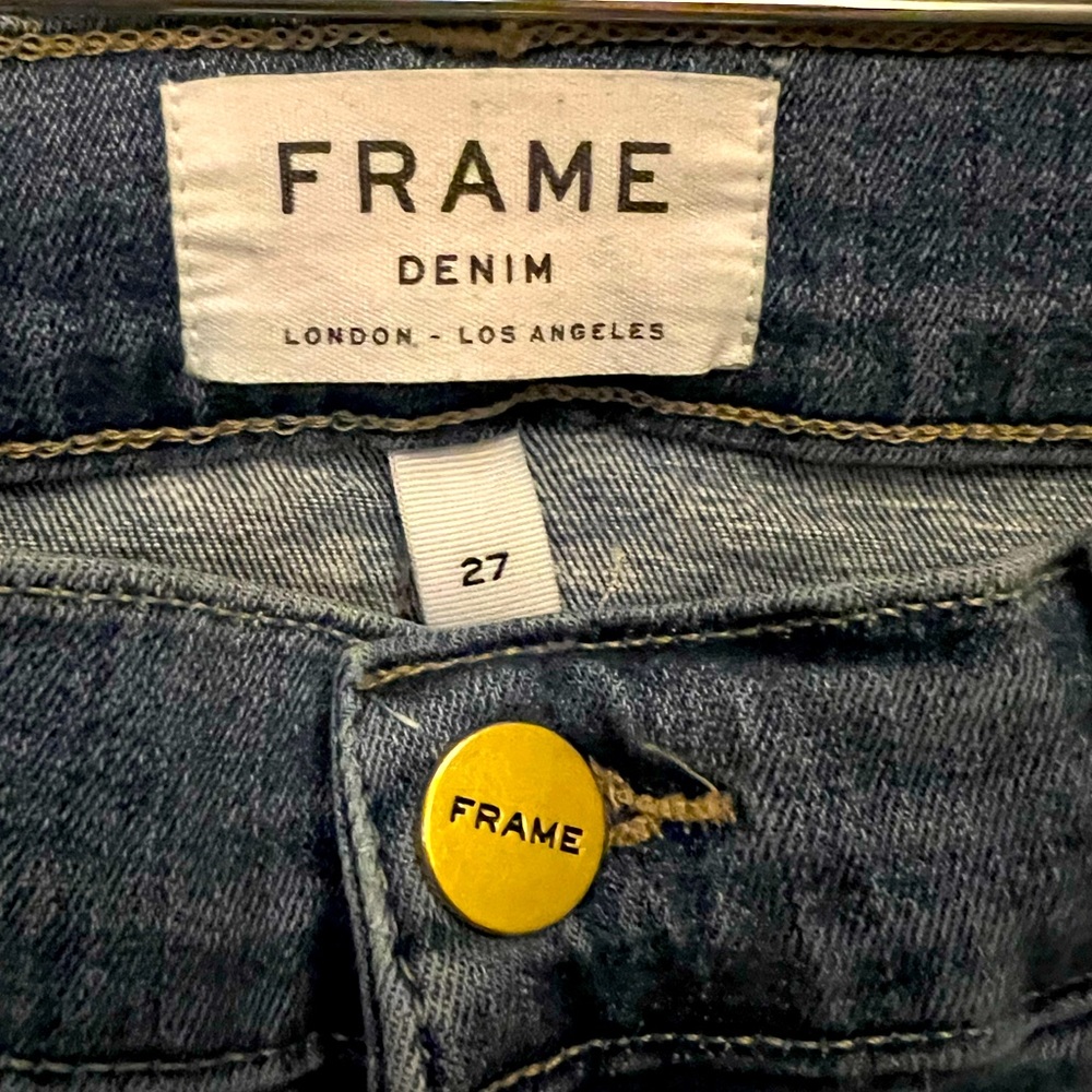 FRAME Le High Flare size 27 blue jeans with raw edge hem